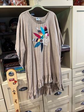 Boho High-Low Taupe Tunic Dress with Multicolor Feather Applique